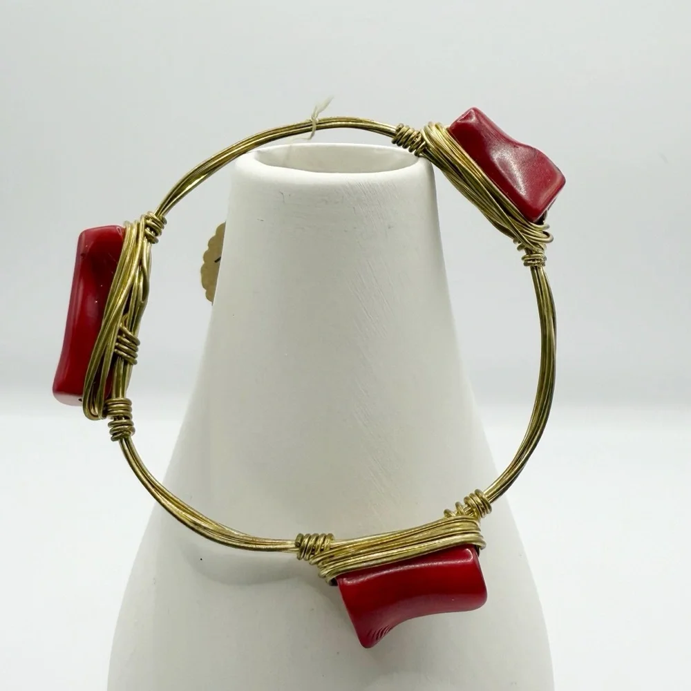Boho Wire Wrapped Bangle Bracelet | Red Stone Artisan Style